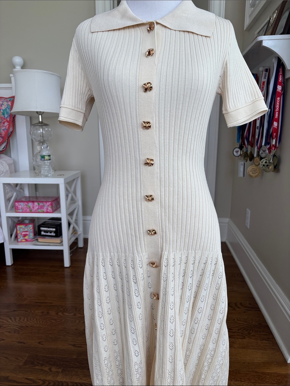 Commense Cream Ribbed Knit Midi Dress with Button Front - Picture 4 of 6